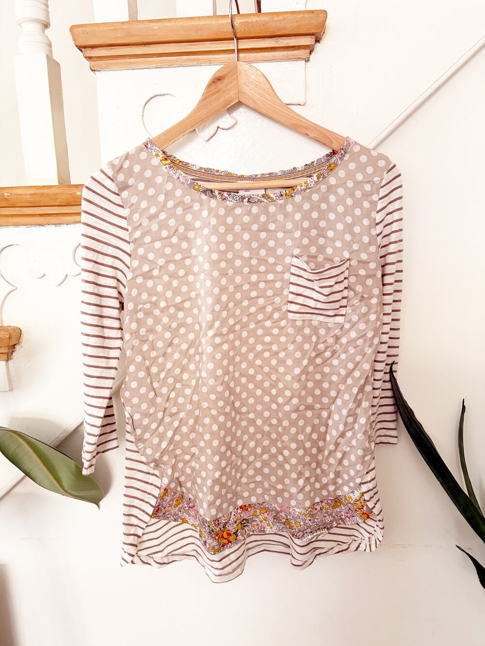 Anthro Postmark Taupe Mixed Print Cotton Blend Tunic Top Size XS